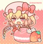  1girl :d ascot blonde_hair blush bow chibi commentary_request fang flandre_scarlet flower food fruit hat hat_bow heart long_hair macaron marshmallow_mille mob_cap one_side_up open_mouth pink_headwear polka_dot polka_dot_background puffy_short_sleeves puffy_sleeves red_bow red_eyes red_footwear red_skirt red_vest ringlets shoes short_sleeves skirt smile solo standing standing_on_one_leg strawberry striped striped_legwear touhou twitter_username vest white_flower wrist_cuffs yellow_neckwear 