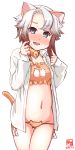  1girl akishimo_(kantai_collection) alternate_costume animal_ears ass_visible_through_thighs bell blush bra breasts brown_hair cat_cutout cat_ears cat_lingerie cat_tail cleavage collarbone commentary_request cowboy_shot dress_shirt frilled_bra frills gradient_hair grey_eyes highres jingle_bell kanon_(kurogane_knights) kantai_collection looking_at_viewer lowleg lowleg_panties medium_breasts meme_attire multicolored_hair nose_blush open_clothes open_shirt orange_bra orange_panties panties shirt short_hair_with_long_locks silver_hair solo standing tail thigh_gap underwear white_shirt 