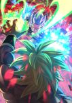  2boys abs blue_eyes blue_hair blurry bokeh broly_(dragon_ball_super) clenched_teeth depth_of_field dragon_ball dragon_ball_super_broly energy_ball energy_beam fighting fighting_stance fingernails fire from_above from_behind gogeta green_hair grin highres light_particles mattari_illust messy_hair molten_rock multicolored multiple_boys muscle outstretched_arm pectorals shirtless smile spiked_hair super_saiyan_blue super_saiyan_full_power teeth toned toned_male twitter_username volcano waistcoat wristband 