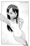  1girl :d border breasts collarbone ear_clip earrings fang ghettoyouth greyscale hair_ornament hairclip highres ijiranaide_nagatoro-san jewelry long_hair looking_at_viewer monochrome nagatoro nude one-piece_tan open_mouth outside_border outstretched_arm self_shot small_breasts smile solo standing tan tanline thigh_gap uncensored v v-shaped_eyebrows watermark web_address 