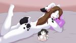  balls bed black_body black_fur brown_hair cainesart dipstick_ears fur furniture girly hair lagomorph leporid looking_at_viewer looking_back lying male mammal multicolored_ears nude open_mouth pillow plushie rabbit solo spots spotted_body spotted_fur white_body white_fur 