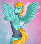  2020 anthro breasts brian_mcpherson clothed clothing digital_media_(artwork) equid equine eyelashes feathered_wings feathers female friendship_is_magic hair lightning_dust_(mlp) looking_at_viewer looking_back mammal multicolored_hair multicolored_tail my_little_pony pterippus side_boob smile solo sweater topwear two_tone_hair virgin_killer_sweater wings 