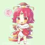  1girl :d absurdly_long_hair apron bangs benienma_(fate/grand_order) blush brown_headwear chibi eyebrows_visible_through_hair fate/grand_order fate_(series) food full_body green_background hat holding holding_food japanese_clothes kimono kouu_hiyoyo long_hair looking_at_viewer low_ponytail lowres onigiri open_mouth parted_bangs ponytail red_eyes red_hair red_kimono short_sleeves smile socks solo standing translation_request very_long_hair white_apron white_legwear wide_sleeves 