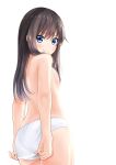  1girl adjusting_clothes adjusting_panties asashio_(kantai_collection) black_hair blue_eyes comiching cowboy_shot from_behind highres kantai_collection long_hair looking_at_viewer looking_back panties simple_background solo standing topless underwear white_background white_panties 