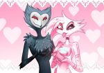  &lt;3 2019 angel_dust arachnid arthropod avian bird black_sclera chest_tuft demon detailed_background duo eyeshadow feathers fluffy hazbin_hotel helluva_boss makeup markings multi_limb nude owl red_eyes sharp_teeth size_difference smile spider stolas_(vivzmind) teeth tongue tongue_out tuft 