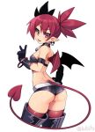  1girl ass black_shorts cowboy_shot demon_girl demon_tail disgaea earrings etna from_behind highres iwbitu-sa jewelry long_hair looking_at_viewer looking_back makai_senki_disgaea mini_wings shiny shiny_hair shiny_skin short_shorts shorts simple_background skull_earrings solo standing tail white_background 