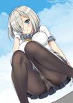  1girl arm_up ass black_legwear blue_eyes blue_skirt blush cloud commentary_request from_below gloves hair_ornament hair_over_one_eye hairclip hamakaze_(kantai_collection) hand_in_hair kantai_collection knees_together_feet_apart legs looking_down mitarashi_kousei outdoors panties panties_under_pantyhose pantyhose school_uniform serafuku shirt short_hair short_sleeves silver_hair skirt sky solo squatting thighs underwear white_gloves white_panties white_shirt 