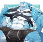  2019 5_fingers abs anthro big_bulge big_muscles black_sclera blue_body blue_eyes blue_skin bodily_fluids bottomwear bulge clothing fingers fish great_white_shark huge_muscles lamnid lamniform low-angle_view lyga male marine multicolored_body multicolored_skin muscular muscular_male nobu_baka pecs quads scar shark shorts simple_background snarling solo sweat tearing_clothing teeth topwear torn_clothing torn_topwear two_tone_body two_tone_skin white_body white_skin 
