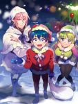  1girl 2boys ahoge arm_at_side asmodeus_alice bangs blue_gloves blue_hair blush boots christmas christmas_tree coat demon_horns demon_tail gift gloves green_hair green_headwear hat highres horns jewelry long_hair looking_at_viewer mairimashita!_iruma-kun manami_(aph-23) multiple_boys pantyhose pink_hair pocket pointy_ears purple_eyes red_eyes red_headwear red_nails sack snow snowing standing suzuki_iruma tail valac_clara 