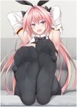  1boy :d armpits arms_behind_head arms_up astolfo_(fate) barefoot bow bowtie breasts fate/grand_order fate_(series) feet highres legs legs_up long_hair male_focus naturalton no_shoes open_mouth otoko_no_ko pantyhose pink_hair pov_feet puffy_nipples sitting smile soles solo spread_toes thighhighs toenails toes 