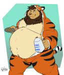  anthro belly beverage big_belly clothed clothing cookie deadanthro felid food fur holding_beverage holding_food holding_object kigurumi lion male mammal mane milk moobs navel obese obese_male overweight overweight_male pantherine plate smile solo stripes tan_body tan_fur walking whiskers 