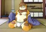  2020 anthro asian_clothing belly blush bulge canid canine canis clothing domestic_dog east_asian_clothing eyewear fundoshi glasses green_eyes japanese_clothing male mammal moobs navel nipples overweight overweight_male reddo12340 solo underwear 