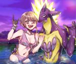  amped_toxtricity bikini clothed clothing devil_horns_(gesture) duo female gesture human mammal nintendo outside pok&eacute;mon pok&eacute;mon_(species) swimwear tongue tongue_out toxtricity video_games water wet みなみ茶哂 
