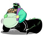  alligator alligatorid anthro belly belly_fondling belly_overhang big_belly clothed clothing crocodilian gater-boi grin hand_on_stomach hat headgear headphones headwear hungry licking licking_lips male moobs obese obese_male open_mouth open_smile overweight overweight_male psydoux reptile scalie smile solo standing super_fatty_rpg tongue tongue_out 
