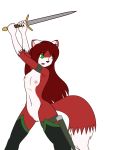  alpha_channel anthro breasts canid canine clothing dipstick_tail felid female fox fur gloves_(marking) green_eyes hair hybrid legwear linda_wright mammal markings melee_weapon mostly_nude multicolored_tail navel nipples open_mouth pussy red_body red_fur red_hair simple_background solo sword terdburgler thigh_highs transparent_background weapon 