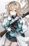  1girl absurdres artist_name bangs black_skirt blonde_hair blue_eyes breasts commentary_request girls_frontline gloves gun hair_between_eyes hairband highres holding holding_gun holding_weapon jacket large_breasts looking_at_viewer skirt solo thighhighs unity_(ekvmsp02) weapon white_gloves white_jacket white_legwear 