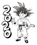 1boy 2020 animal animal_on_hand black_eyes black_footwear black_hair chinese_zodiac clenched_hand closed_mouth clothes_writing collarbone commentary_request dated dougi dragon_ball dragon_ball_(classic) fingernails full_body hand_on_hip happy highres holding holding_animal lee_(dragon_garou) looking_at_viewer male_focus monochrome mouse mouse_on_hand new_year outstretched_hand simple_background smile son_gokuu spiked_hair standing white_background wristband 