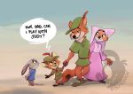  anthro barefoot canid canine clothed clothing cub dialogue dipstick_ears disney dress english_text fox fur grey_body grey_fur group hat headgear headwear judy_hopps lagomorph leporid maid_marian mammal multicolored_ears nick_wilde orange_body orange_fur parent parent_and_child psychoon rabbit red_fox robin_hood robin_hood_(disney) smile speech_bubble text young zootopia 