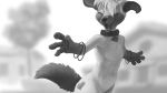  2019 anthro blurred_background bracelet breasts building canid canine canis chest_tuft collar domestic_dog eyes_closed featureless_breasts featureless_crotch female fur gloves_(marking) greyscale head_tuft house housepets! inktober ipoke jewelry mammal markings monochrome navel open_mouth open_smile outside sasha_(housepets!) sky smile solo tree tuft webcomic 