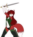  alpha_channel anthro breasts canid canine clothed clothing dipstick_tail felid female fox fur gloves_(marking) green_eyes hair hybrid legwear linda_wright mammal markings melee_weapon multicolored_tail navel panties red_body red_fur red_hair simple_background solo sword terdburgler thigh_highs transparent_background underwear weapon 