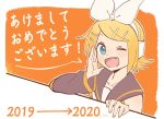  1girl 2019 2020 akeome aqua_eyes arrow bangs black_collar black_sleeves blonde_hair bow collar commentary detached_sleeves english_commentary fang hair_bow hair_ornament hairclip hand_to_own_mouth happy_new_year headphones kagamine_rin light_blush looking_at_viewer m0ti nail_polish new_year one_eye_closed open_mouth orange_background sailor_collar school_uniform shirt short_hair shouting smile solo speech_bubble swept_bangs translated upper_body vocaloid white_bow white_shirt yellow_nails 
