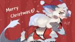  2017 anthro bag christmas clothing english_text fur grey_body grey_fur hair hat headgear headwear holding_object holidays liki navel open_mouth red_background santa_hat simple_background smile solo teeth text unknown_species white_body white_fur white_hair 