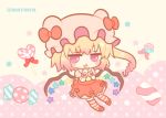 1girl bangs beige_background blonde_hair blush_stickers bow candy candy_wrapper chibi eyebrows_visible_through_hair fang flandre_scarlet food full_body hands_up hat hat_bow heart heart_lollipop lollipop long_hair lowres marshmallow_mille mob_cap one_side_up open_mouth pink_headwear pleated_skirt polka_dot polka_dot_background puffy_short_sleeves puffy_sleeves purple_eyes red_background red_bow red_footwear red_skirt red_vest ringlets short_sleeves sidelocks skirt solo star striped striped_legwear touhou twitter_username two-tone_background very_long_hair vest wings wrist_cuffs 