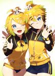  absurdres arm_around_back badge bandage_on_face bangs bass_clef blonde_hair blue_eyes bow buruma cable commentary cowboy_shot grin hair_bow hair_ornament hairclip hand_up head_tilt headphones highres jacket kagamine_len kagamine_rin leaning_forward looking_at_viewer matching_outfit neckerchief one_eye_closed open_mouth project_diva_(series) short_hair short_ponytail short_shorts shorts side-by-side smile spiked_hair sportswear star stylish_energy_(module) swept_bangs track_jacket treble_clef two-tone_jacket v vocaloid waving white_bow wristband yamada_ichi yellow_jacket yellow_neckwear zipper zipper_pull_tab 
