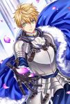  1boy armor arthur_pendragon_(fate) blonde_hair breastplate cape excalibur_(fate/prototype) fate/prototype fate/stay_night fate_(series) gauntlets green_eyes highres lalatia-meai looking_at_viewer male_focus outstretched_hand pauldrons petals pillar smile solo 
