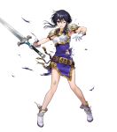  1girl armor armpits bangs belt black_eyes black_hair blue_dress boots breastplate broken_armor dress fire_emblem fire_emblem:_genealogy_of_the_holy_war fire_emblem_heroes gloves highres holding holding_sword holding_weapon larcei_(fire_emblem) mayachise official_art one_eye_closed open_mouth shiny shiny_hair short_dress short_hair shoulder_armor shoulder_pads sleeveless solo sword torn_clothes transparent_background weapon white_footwear white_gloves 