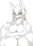  2016 anthro black_and_white blush bodily_fluids breasts canid canine featureless_breasts female fox fur hair kemono looking_at_viewer mammal monochrome multi_tail navel nervous nude shinobe simple_background snout solo sweat white_background 