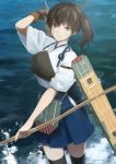  1girl arrow bangs black_legwear blue_hakama blush bow_(weapon) breasts brown_eyes brown_gloves brown_hair chagen_kokimu closed_mouth dated flight_deck gloves hakama hakama_skirt highres holding holding_bow_(weapon) holding_weapon japanese_clothes kaga_(kantai_collection) kantai_collection muneate partly_fingerless_gloves ponytail rigging side_ponytail signature single_glove skirt solo tasuki thighhighs water weapon yugake 