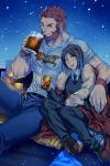  2boys alcohol beard beer beer_mug black_hair blanket blue_eyes blush can cape casual denim facial_hair fate/zero fate_(series) fur_trim highres jeans lalatia-meai lamp male_focus multiple_boys necktie night night_sky pants pillow pointing red_hair rider_(fate/zero) shirt sitting size_difference sky soda_can sweater t-shirt waver_velvet wristband 