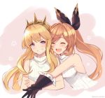  2girls aoi_(kirabosi105) black_gloves blonde_hair bow cagliostro_(granblue_fantasy) clarisse_(granblue_fantasy) closed_eyes gloves granblue_fantasy grin hair_bow imminent_hug light_brown_hair long_hair multiple_girls ponytail purple_eyes sleeveless_sweater smile tiara twitter_username 