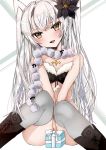  1girl alternate_costume amatsukaze_(kantai_collection) bangs black_footwear blush boots box breasts brown_eyes chigasaki_y cross-laced_footwear fang feet_out_of_frame fur_trim gift gift_box grey_legwear grey_scarf hair_tubes head_tilt highres kantai_collection lace-up_boots long_hair looking_at_viewer open_mouth scarf silver_hair simple_background solo thighhighs two_side_up white_background windsock 