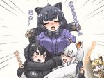 4girls :o ? ^_^ animal_ears animal_print anteater_ears arm_above_head arm_around_shoulder arm_around_waist bangs black_hair black_jaguar_(kemono_friends) blank_eyes blonde_hair blush bow bowtie breast_pocket breast_rest breasts breasts_on_head brown_eyes brown_hair closed_eyes commentary_request elbow_gloves emphasis_lines extra_ears eyebrows_visible_through_hair fang fur_scarf furrowed_eyebrows gloves happy height_difference high-waist_skirt hug jaguar_(kemono_friends) jaguar_ears jaguar_print kemono_friends kemono_friends_3 long_hair long_sleeves looking_at_another looking_up malayan_tapir_(kemono_friends) medium_hair miji_doujing_daile multicolored_hair multiple_girls nose_blush open_mouth pale_skin parted_lips pocket print_gloves shirt short_sleeves silver_hair skirt smile southern_tamandua_(kemono_friends) sweater tamandua_ears tapir_ears translation_request two-tone_hair upper_body white_hair 