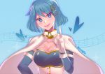  1girl artist_name blue_background blue_eyes blue_hair blush breasts cape cleavage detached_sleeves fortissimo fortissimo_hair_ornament hair_ornament hand_on_hip heart highres mahou_shoujo_madoka_magica mahou_shoujo_madoka_magica_movie meidia miki_sayaka musical_note musical_note_hair_ornament musical_note_print pointing raveniffaz short_hair smile solo teeth upper_body white_cape 