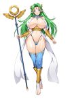  1girl blue_eyes blush breasts covered_nipples elf fantasy green_hair large_breasts looking_at_viewer mature pointy_ears revealing_clothes smash_daisaku smile solo staff thighhighs 