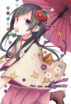  1girl bangs black_hair boots brown_footwear brown_kimono dango eyebrows_visible_through_hair floral_print flower food food_in_mouth hair_flower hair_ornament hakama highres holding holding_umbrella japanese_clothes kimono kuroi_(liar-player) long_hair mouth_hold oriental_umbrella original pink_hakama print_kimono purple_eyes red_flower red_umbrella ribbon-trimmed_sleeves ribbon_trim sanshoku_dango short_sleeves solo standing standing_on_one_leg umbrella wagashi white_background wide_sleeves 