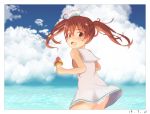  blue_sky brown_eyes brown_hair cloud commentary_request fang food hat highres ice_cream kantai_collection libeccio_(kantai_collection) long_hair looking_at_viewer mini_hat panties see-through shiki_no_miko sky smile striped striped_panties thighs twintails underwear 