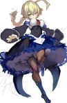  1girl absurdres ahoge black_dress blazblue blonde_hair blue_eyes boots braid closed_mouth dress es_(xblaze) frilled_dress frills hair_between_eyes highres long_hair morikawa_(futomayu) necktie pantyhose red_neckwear simple_background sketch solo white_background 