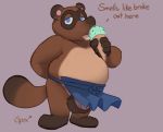  2020 animal_crossing anthro apron balls belly blue_eyes brown_body brown_fur canid canine clothing dessert english_text food fur humanoid_penis ice_cream male mammal nintendo overweight overweight_male penis raccoon_dog simple_background solo spectral-bat tanuki text tom_nook_(animal_crossing) video_games 