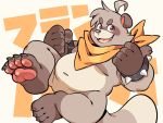  2020 anthro bakedanooki belly canid canine cute_fangs humanoid_hands japanese_text male mammal navel overweight overweight_male raccoon_dog simple_background solo tanuki text 