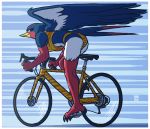  2020 beak bicycle border breasts butt clothed clothing feathered_wings feathers feet female looking_at_viewer megawolf77 multicolored_body nintendo pok&eacute;mon pok&eacute;mon_(species) solo swellow talons video_games white_border wings yellow_clothing 