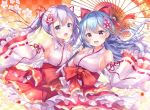  2girls :d aoba_chise aoba_project aoba_rena armpits bare_shoulders blue_hair bow breasts checkered checkered_background commentary_request cowboy_shot detached_sleeves dress floating_hair flower hair_bow hair_ornament hair_ribbon holding holding_umbrella large_breasts layered_dress long_hair long_sleeves looking_at_viewer multiple_girls nontraditional_miko obi open_mouth oriental_umbrella purple_eyes red_eyes ribbon sakura_moyon sash silver_hair smile twintails umbrella white_flower wide_sleeves 