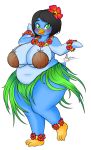  accessory alyrise anthro avian beak big_breasts bird black_hair blue_body blue_feathers breasts clothed clothing coconut_bra dancing feathers female flipper_hands flower flower_in_hair grass_skirt green_eyes hair hair_accessory hula lei overweight penguin plant simple_background solo white_background 