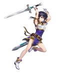  1girl armpits arms_up bangs belt black_eyes black_hair blue_dress boots breastplate dress earrings fire_emblem fire_emblem:_genealogy_of_the_holy_war fire_emblem_heroes gloves highres holding holding_sword holding_weapon jewelry larcei_(fire_emblem) leg_up long_hair looking_away mayachise official_art parted_lips sheath shiny shiny_hair short_dress short_hair shoulder_armor shoulder_pads sidelocks solo sword transparent_background weapon white_footwear white_gloves 