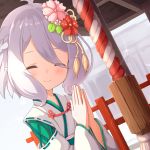  1girl ame. antenna_hair blush closed_eyes closed_mouth commentary_request dutch_angle eyes_visible_through_hair facing_viewer flower hair_flower hair_ornament hair_over_one_eye hands_together hands_up hatsumoude highres japanese_clothes kimono kokkoro_(princess_connect!) long_sleeves own_hands_together palms_together pink_flower princess_connect! princess_connect!_re:dive red_flower silver_hair smile solo sparkle white_kimono wide_sleeves 