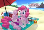  2020 anus beach bikini blue_eyes clothing dialogue disembodied_hand duo earth_pony english_text equid equine female feral friendship_is_magic fur horse human lying male male/female mammal my_little_pony on_side open_mouth pink_body pink_fur pinkie_pie_(mlp) pony pregnant pusspuss seaside speech_bubble swimwear teats teeth text tongue undressing 