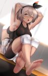  1girl armpits arms_up bangs barefoot black_bodysuit black_hairband black_ribbon blue_eyes bodysuit bodysuit_under_clothes breasts collarbone commentary_request crossed_ankles dark_skin dutch_angle feet grey_hair hair_between_eyes hair_ribbon hairband heavy_breathing highres knee_pads large_breasts legs leng_xiao looking_at_viewer mirror one_eye_closed open_mouth pokemon pokemon_(game) pokemon_swsh reflection ribbon saitou_(pokemon) short_hair short_shorts shorts soles solo sweat thick_eyebrows undressing upper_teeth white_shorts 